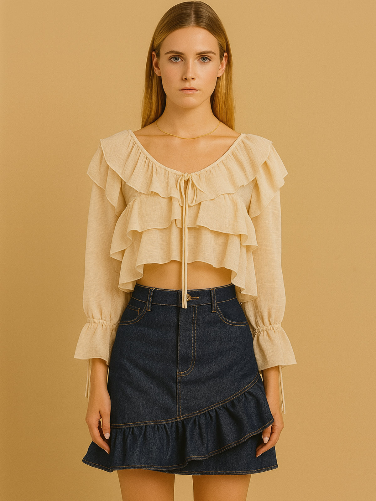 Fresca y femenina, esta blusa corta destaca por sus delicados volantes en el escote y el cuerpo, creando movimiento y suavidad visual. Con mangas largas de puño fruncido y amarre en el escote, es una prenda ideal para looks bohemios y estilismos relajados con un toque romántico. Perfecta para combinar con prendas de tiro alto en ocasiones casuales con estilo.