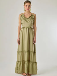 Vestido largo con volantes delicados y silueta fluida, ideal para un look femenino y relajado. Su diseño cómodo y versátil combina elegancia natural con un toque romántico, perfecto para los días cálidos.

Detalles:

Color: Taupe

Material: 100% Lyocel