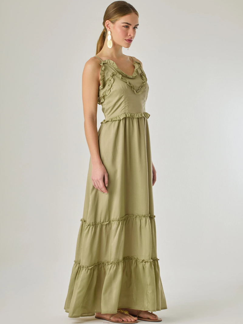 Vestido largo con volantes delicados y silueta fluida, ideal para un look femenino y relajado. Su diseño cómodo y versátil combina elegancia natural con un toque romántico, perfecto para los días cálidos.

Detalles:

Color: Taupe

Material: 100% Lyocel