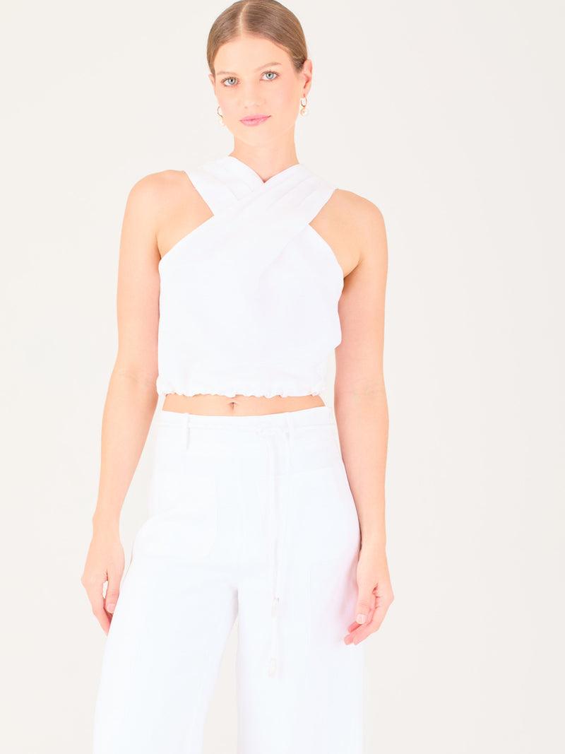 Blusa corta  con diseño cruzado en el escote que forma un tirante ancho asimétrico. Presenta un detalle drapeado sutil en el pecho y elástico en la parte inferior que ajusta a la cintura. Moderna y elegante, ideal para looks frescos y sofisticados

Detalles:

Color: Blanco

Material: 52% Lino 48% Rayon