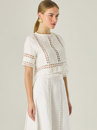 Esta elegante blusa blanca está confeccionada en un tejido liviano tipo lino, ideal para climas cálidos. Presenta un corte recto y estructurado, con mangas cortas y cuello cerrado redondo. Lo más distintivo son sus detalles decorativos en encaje tipo guipiur dispuesto en franjas verticales y horizontales sobre el frente, mangas y parte inferior, que crean un efecto visual sofisticado y femenino al mostrar sutilmente la piel, su diseño combina frescura y refinamiento, siendo perfecta para looks veraniegos co