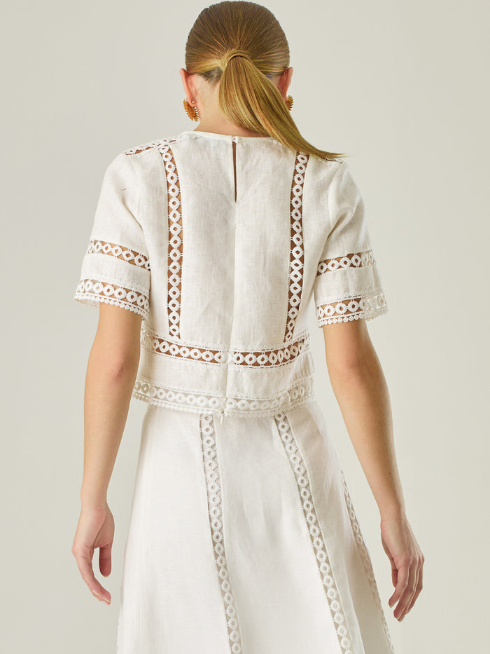 Esta elegante blusa blanca está confeccionada en un tejido liviano tipo lino, ideal para climas cálidos. Presenta un corte recto y estructurado, con mangas cortas y cuello cerrado redondo. Lo más distintivo son sus detalles decorativos en encaje tipo guipiur dispuesto en franjas verticales y horizontales sobre el frente, mangas y parte inferior, que crean un efecto visual sofisticado y femenino al mostrar sutilmente la piel, su diseño combina frescura y refinamiento, siendo perfecta para looks veraniegos co