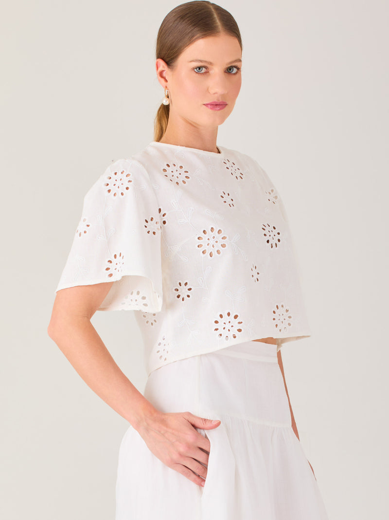 Blusa tipo crop de silueta recta con mangas cortas amplias. Presenta bordado floral calado que aporta un toque fresco y delicado, ideal para looks veraniegos y relajados

Detalles:

Color: Blanco

Material: 70% Rayon 30% Lino