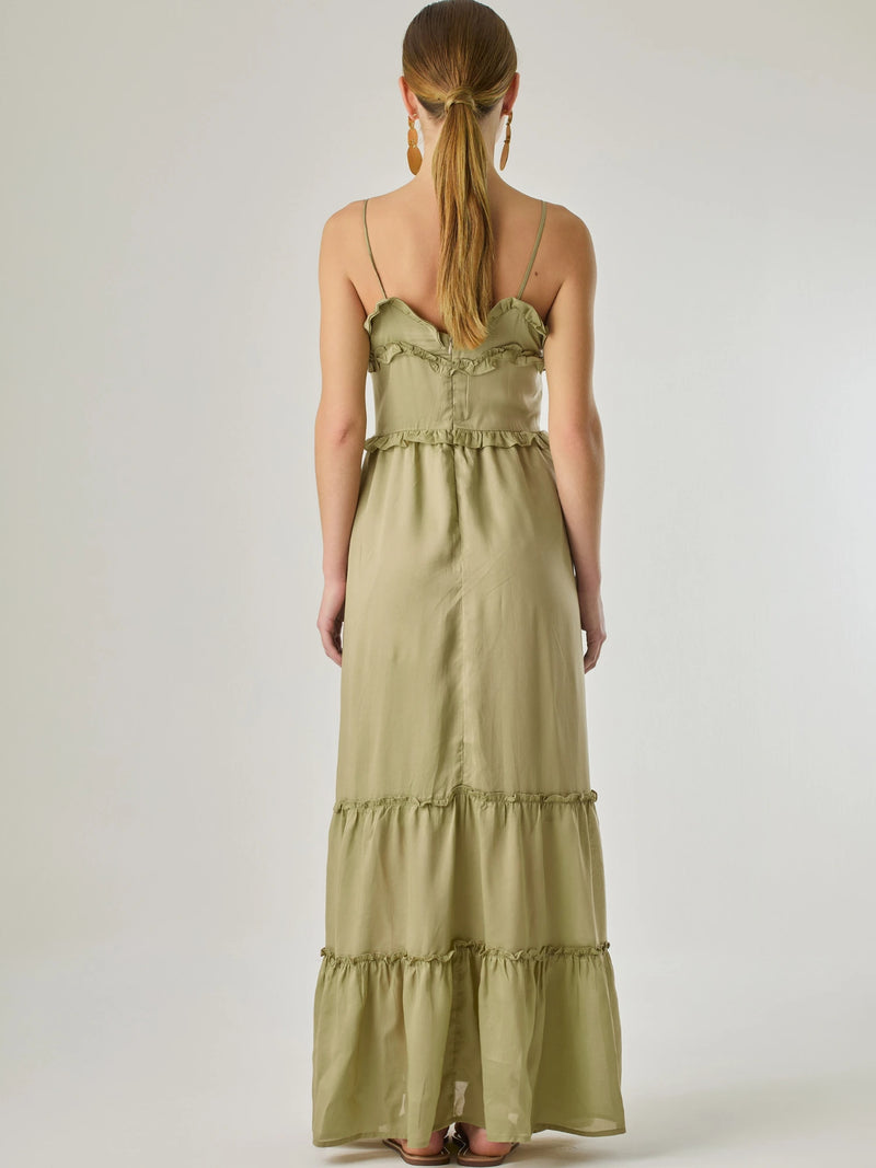 Vestido largo con volantes delicados y silueta fluida, ideal para un look femenino y relajado. Su diseño cómodo y versátil combina elegancia natural con un toque romántico, perfecto para los días cálidos.

Detalles:

Color: Taupe

Material: 100% Lyocel