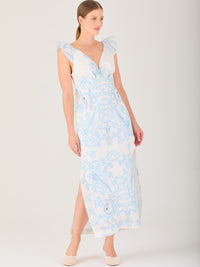 Vestido largo estampado,  con  sutil escote frontal, perfecto para looks elegantes y veraniegos, 

Detalles:

Color: baby blue 

Material: 80% Tencel 20% Lino