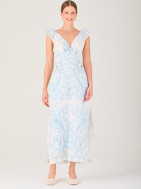Vestido largo estampado,  con  sutil escote frontal, perfecto para looks elegantes y veraniegos, 

Detalles:

Color: baby blue 

Material: 80% Tencel 20% Lino