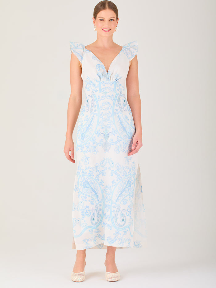 Vestido largo estampado,  con  sutil escote frontal, perfecto para looks elegantes y veraniegos, 

Detalles:

Color: baby blue 

Material: 80% Tencel 20% Lino