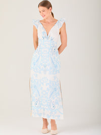 Vestido largo estampado,  con  sutil escote frontal, perfecto para looks elegantes y veraniegos, 

Detalles:

Color: baby blue 

Material: 80% Tencel 20% Lino
