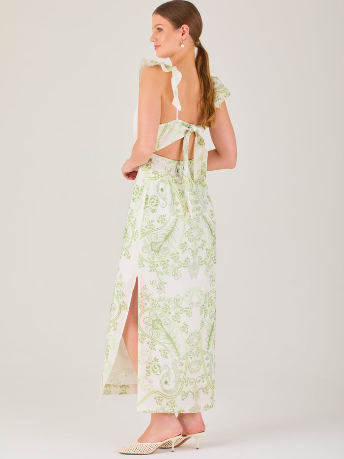 Vestido largo estampado,  con  sutil escote frontal, perfecto para looks elegantes y veraniegos, 

Detalles:

Color: Olivo

Material: 80% Tencel 20% Lino