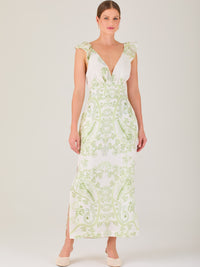 Vestido largo estampado,  con  sutil escote frontal, perfecto para looks elegantes y veraniegos, 

Detalles:

Color: Olivo

Material: 80% Tencel 20% Lino