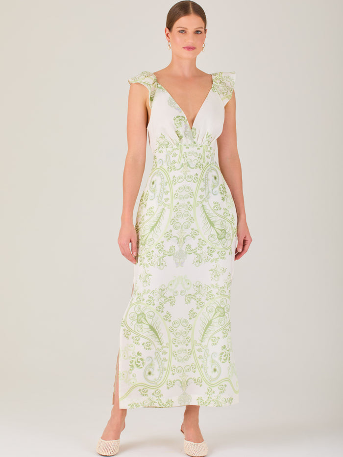 Vestido largo estampado,  con  sutil escote frontal, perfecto para looks elegantes y veraniegos, 

Detalles:

Color: Olivo

Material: 80% Tencel 20% Lino