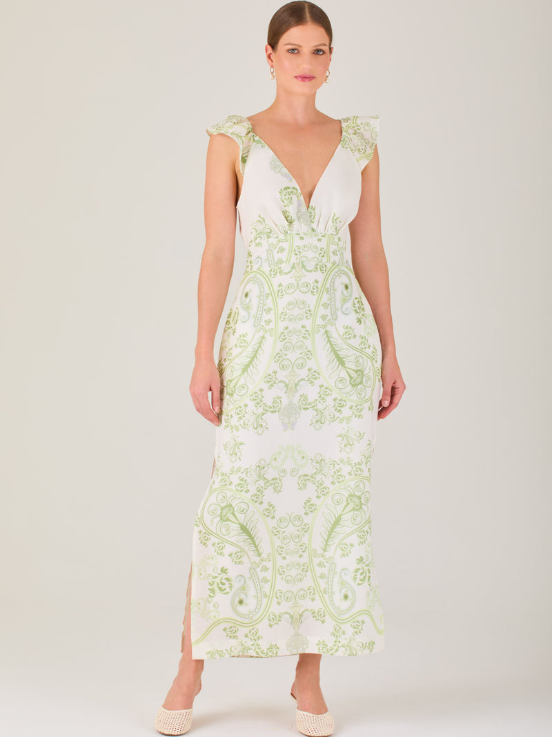 Vestido largo estampado,  con  sutil escote frontal, perfecto para looks elegantes y veraniegos, 

Detalles:

Color: Olivo

Material: 80% Tencel 20% Lino