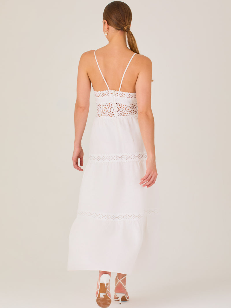 Este vestido largo blanco tiene un estilo fresco, romántico y veraniego. Cuenta con finos tirantes y un escote en “V” pronunciado, delicadamente adornado con bordado tipo encaje floral que continúa en la cintura, generando un efecto de transparencia sutil y elegante.

La falda de corte amplio y largo midi cae suavemente desde la cintura, con detalles de franjas horizontales de bordado calado que repiten el motivo floral. El tejido ligero y vaporoso aporta comodidad y libertad de movimiento.