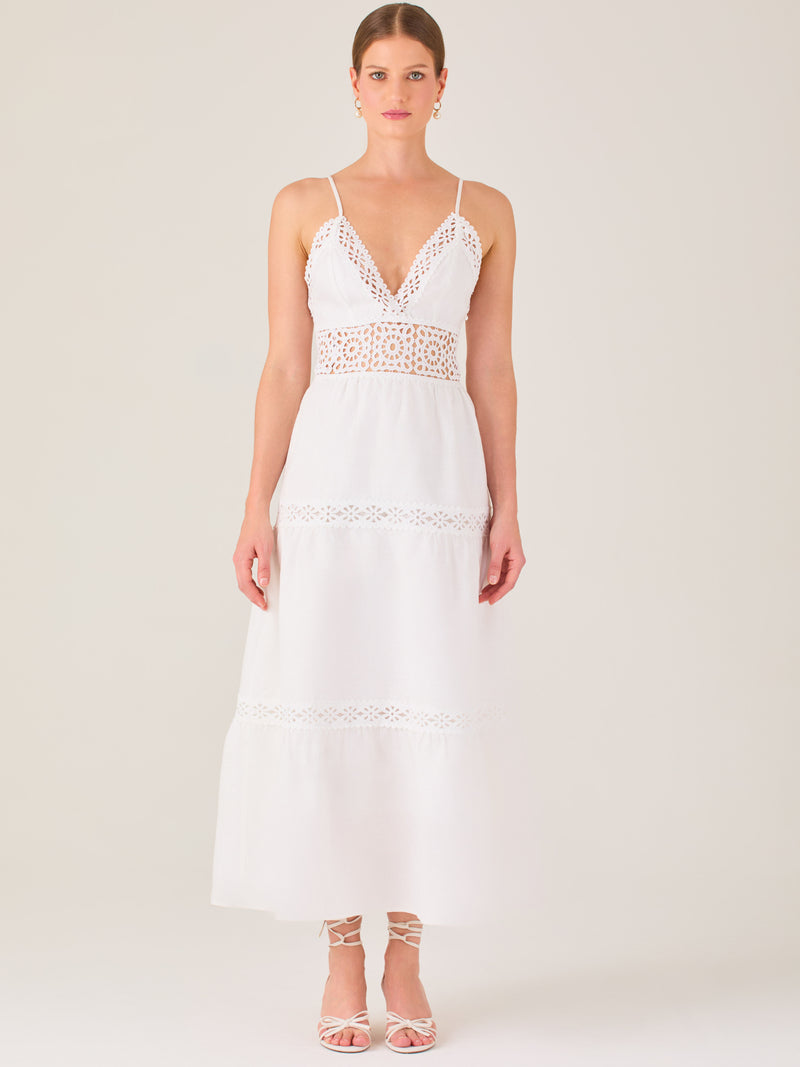 Este vestido largo blanco tiene un estilo fresco, romántico y veraniego. Cuenta con finos tirantes y un escote en “V” pronunciado, delicadamente adornado con bordado tipo encaje floral que continúa en la cintura, generando un efecto de transparencia sutil y elegante.

La falda de corte amplio y largo midi cae suavemente desde la cintura, con detalles de franjas horizontales de bordado calado que repiten el motivo floral. El tejido ligero y vaporoso aporta comodidad y libertad de movimiento.