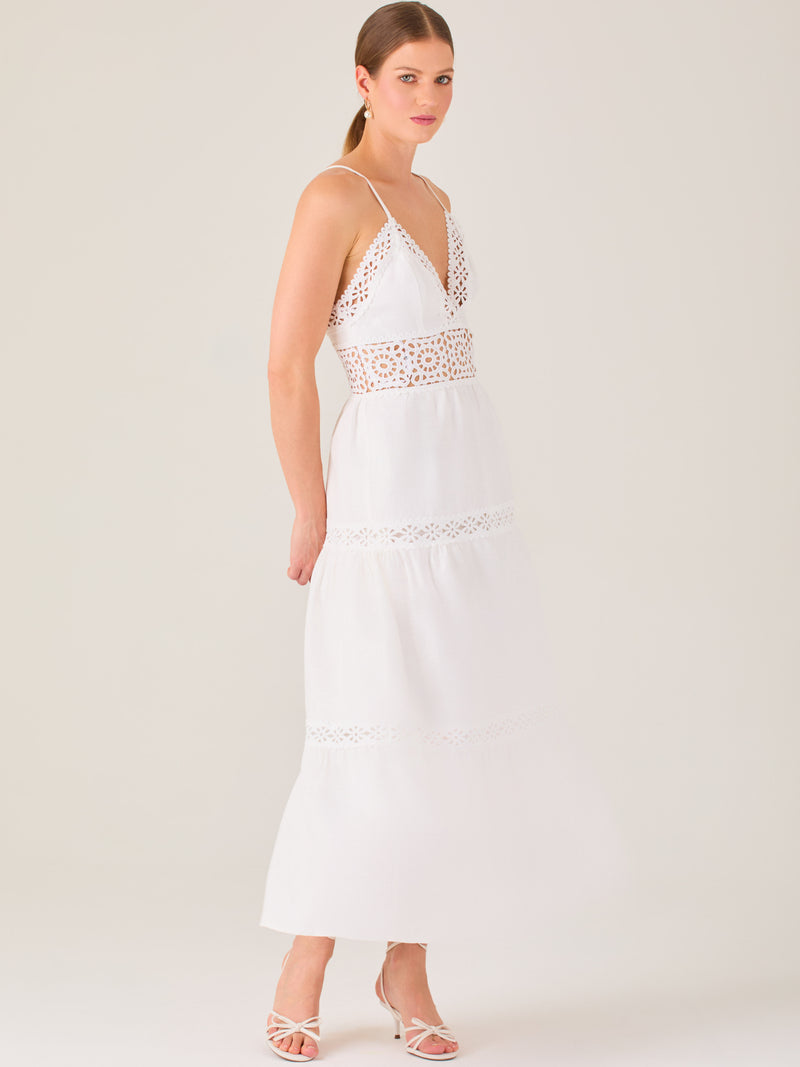 Este vestido largo blanco tiene un estilo fresco, romántico y veraniego. Cuenta con finos tirantes y un escote en “V” pronunciado, delicadamente adornado con bordado tipo encaje floral que continúa en la cintura, generando un efecto de transparencia sutil y elegante.

La falda de corte amplio y largo midi cae suavemente desde la cintura, con detalles de franjas horizontales de bordado calado que repiten el motivo floral. El tejido ligero y vaporoso aporta comodidad y libertad de movimiento.